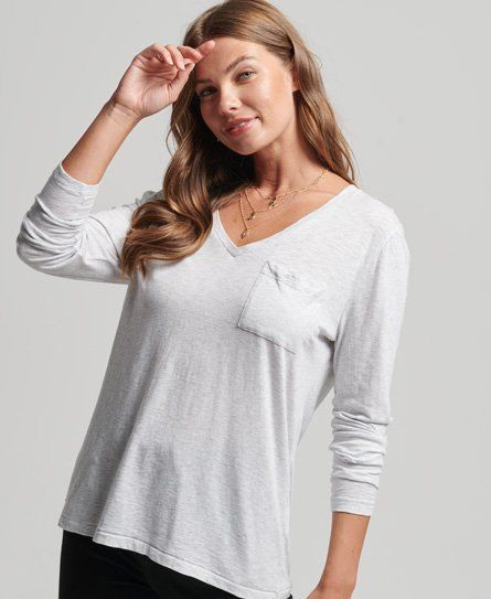 Women's Long Sleeve Slub V-Neck Top Light Grey / Ice Marl - Size: 10