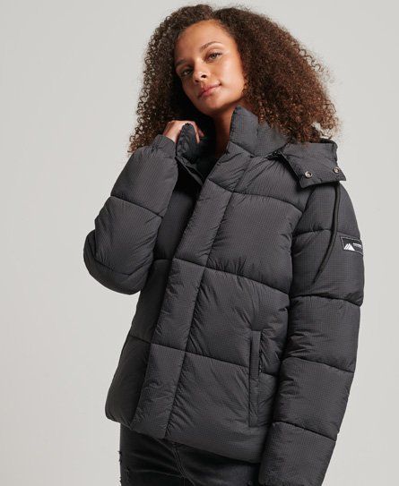 Women's Hooded Ripstop Puffer Jacket Black / Black Grid - Size: 14