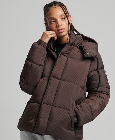 Women's Hooded Ripstop Puffer Jacket Brown / Dark Oak Grid - Size: 10