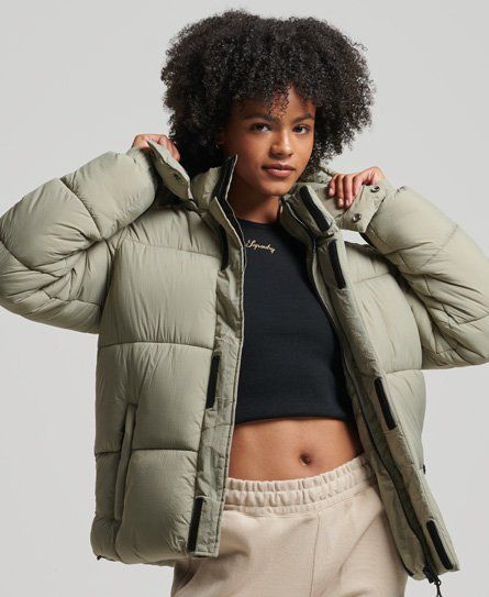 Women's Hooded Ripstop Puffer Jacket Green / Khaki Grid - Size: 8