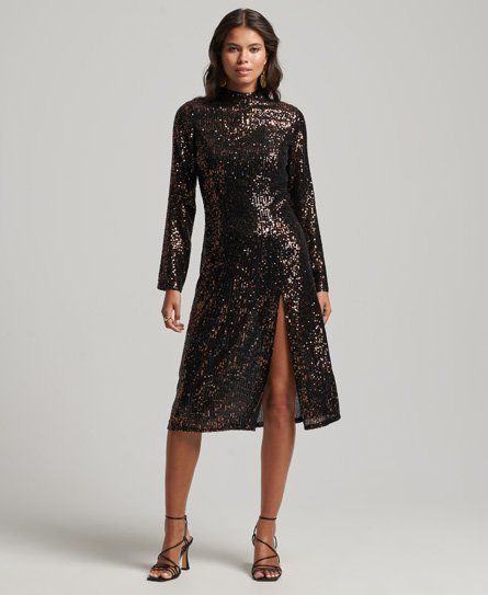 Women's Backless Sequin Midi Dress Black / Copper/Black Sequin - Size: 10
