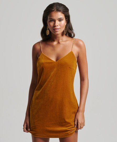 Women's Chain Strap Velvet Mini Dress Yellow / Golden Palm Brown - Size: 10