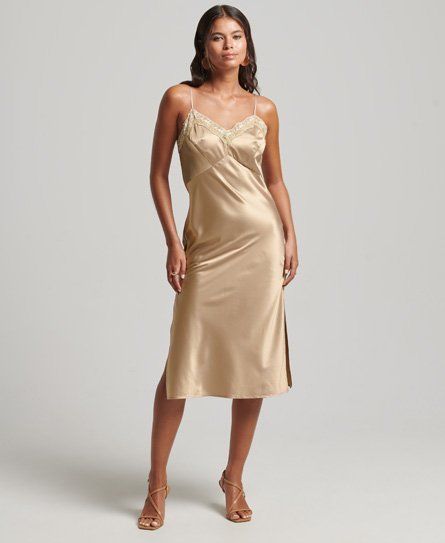 Women's Lace Satin Midi Dress Nude / Natural - Size: 10