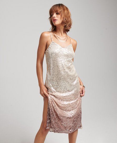 Women's Ombre Sequin Slip Midi Dress Cream / Bronze Dip Dye - Size: 12