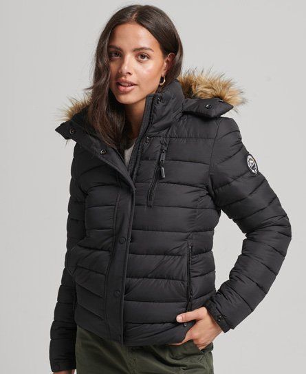 Women's Faux Fur Short Hooded Puffer Jacket Black - Size: 10