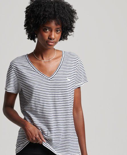 Women's Slub Embroidered V-Neck T-Shirt Navy / Navy Optic Stripe - Size: 12