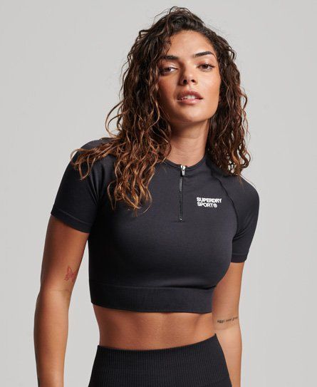 Women's Ladies Logo Print Sport Core Seamless Cropped Short Sleeve Top, Black, Size: 14-16