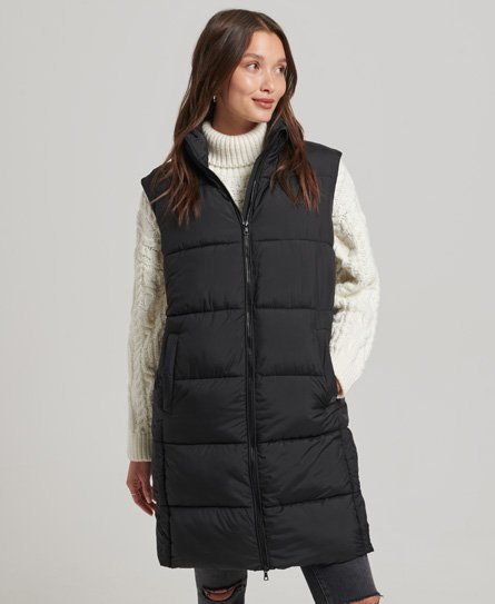 Women's Longline Hooded Quilted Gilet Black - Size: 6