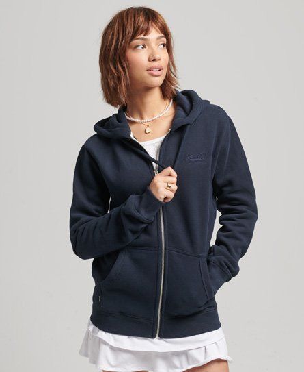 Women's Loose Fit Vintage Logo Embroidered Zip Hoodie Navy / Eclipse Navy - Size: S