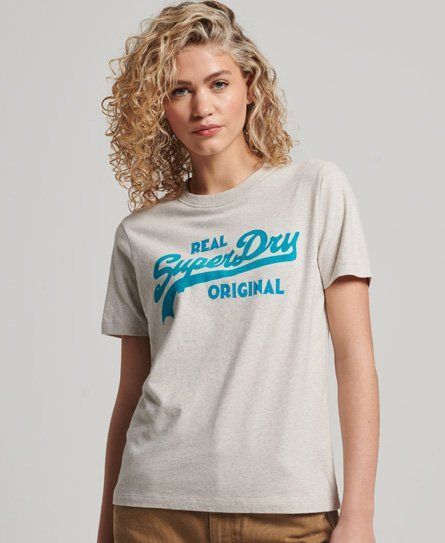 Women's Organic Cotton Vintage Logo Scripted Coll T-Shirt Beige / Oatmeal Marl - Size: 12