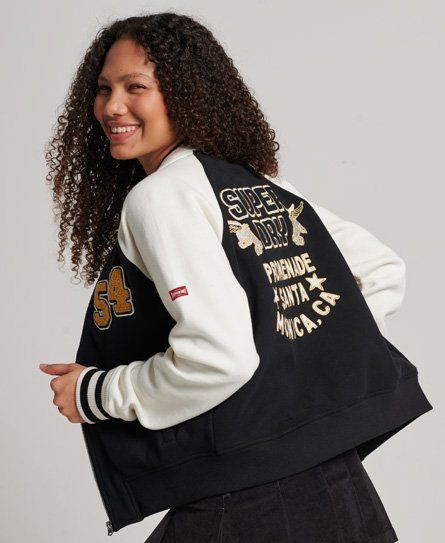 Women's Script Collegiate Bomber Jacket Black / Black/off White - Size: 12