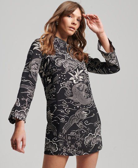 Women's Printed Long Sleeve Mini Dress Black / Horaizu Black - Size: 10