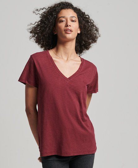 Women's Slub Embroidered V-Neck T-Shirt Red / Deep Port - Size: 10