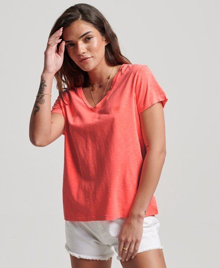 Women's Slub Embroidered V-Neck T-Shirt Cream / Hyper Fire Coral - Size: 10
