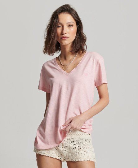 Women's Slub Embroidered V-Neck T-Shirt Pink / Ballet Pink - Size: 12
