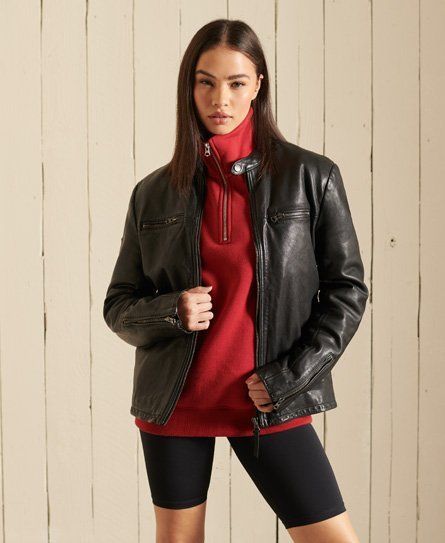 Women's Oversized Leather Moto Biker Jacket Black - Size: L