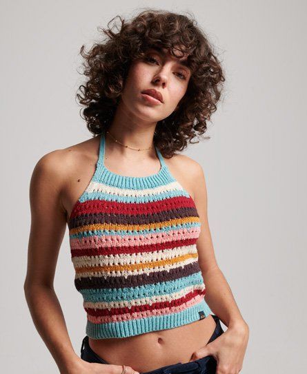 Women's Crochet Halter Top Green / Beryl Green Stripe - Size: 14