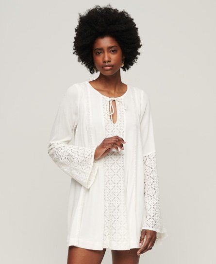 Women's Lace Flare Sleeve Mini Dress Cream / Ecru - Size: 8