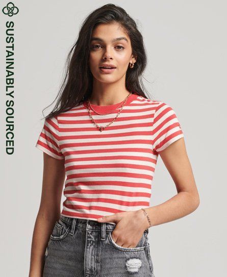 Women's Organic Cotton Vintage Crop T-Shirt Red / Soda Pop Red/Oatmeal Stripe - Size: 14