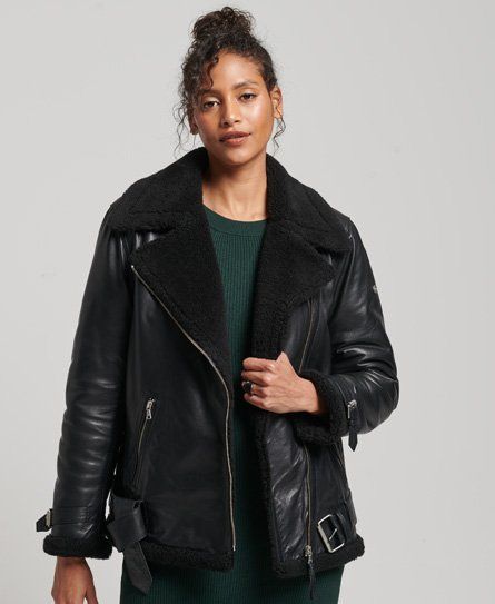 Women's Studios Leather Aviator Jacket Black - Size: 8