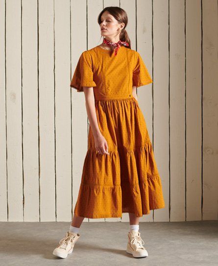 Women's Woven Short Sleeve Midi Dress Yellow / Turmeric Tan - Size: 8