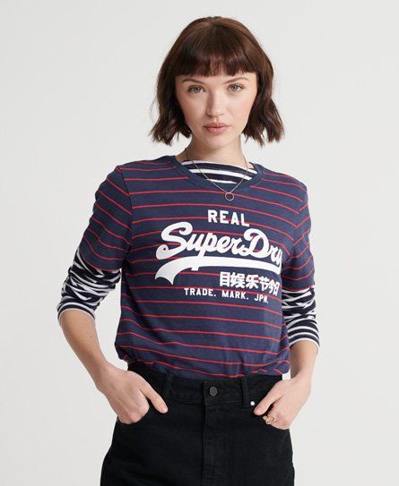 Women's Vintage Logo Stripe T-Shirt Navy / Atlantic Navy Slub Stripe - Size: 8