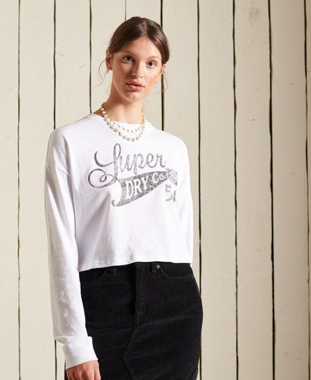 Women's Boho Graphic Cropped Long-Sleeved Top White / Optic - Size: 16