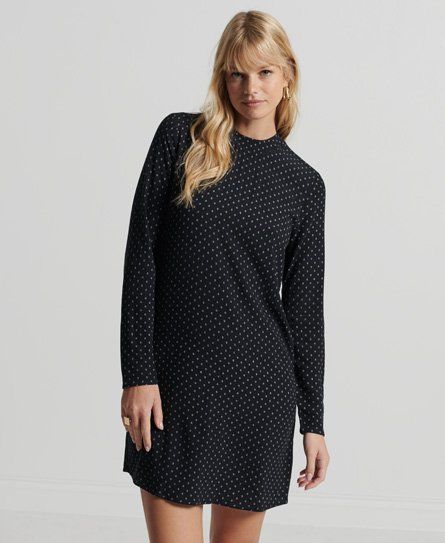 Women's Long Sleeve Woven Mini Dress Black / Black 70s Geo - Size: 8