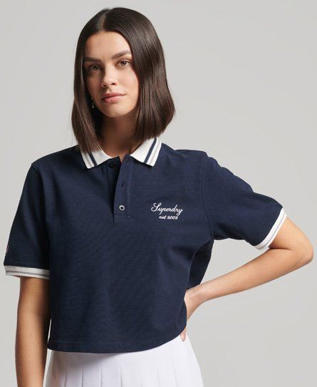 Women's Crop Boxy Tennis Polo Shirt Navy / Deep Navy/Optic - Size: 16