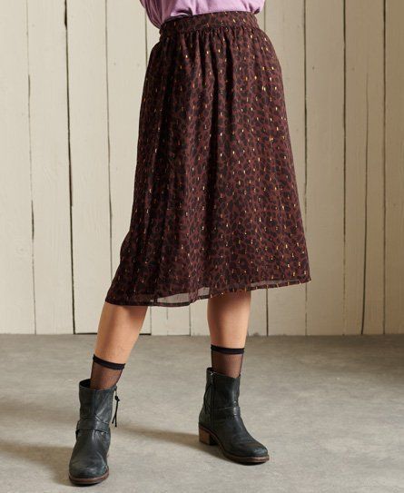 Women's Woven Metallic Midi Skirt Brown / Leopard Print - Size: 14
