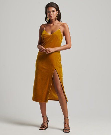Women's Chain Strap Velvet Midi Dress Yellow / Golden Palm Brown - Size: 12