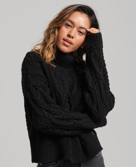 Women's Cable Knit Polo Neck Jumper Black - Size: 10