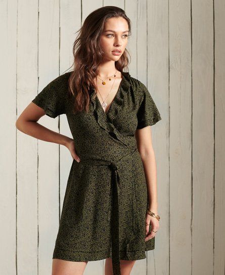 Women's Summer Wrap Dress Khaki / Dark Olive Leopard - Size: 8