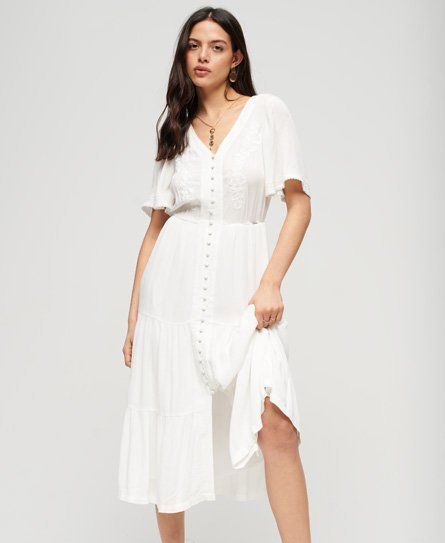 Women's Embroidered Tiered Midi Dress White / Off White - Size: 12