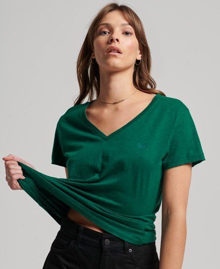 Women's Slub Embroidered V-Neck T-Shirt Green / Enamel Green - Size: 16