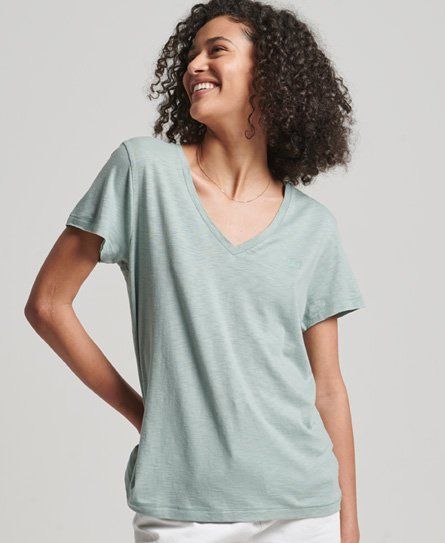 Women's Slub Embroidered V-Neck T-Shirt Green / Desert Sage - Size: 16
