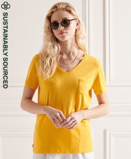 Women's Organic Cotton Pocket V-Neck T-Shirt Yellow / Pigment Yellow - Size: 14