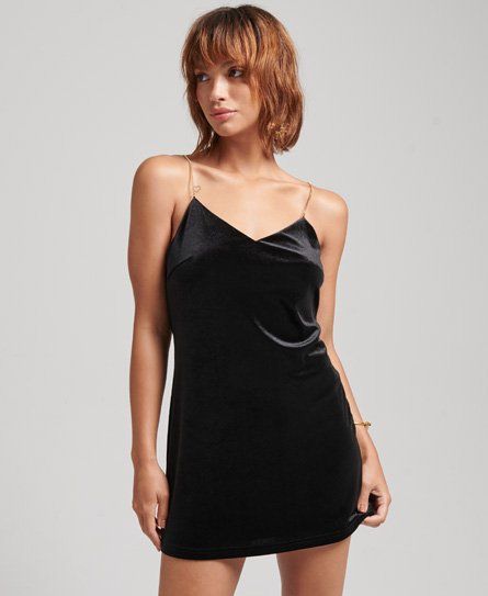 Women's Chain Strap Velvet Mini Dress Black - Size: 14