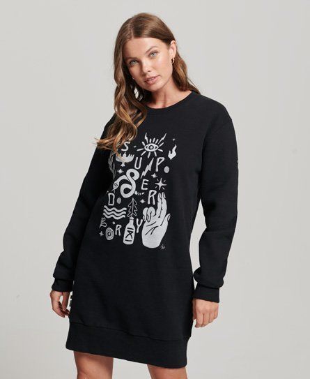 Women's Women's Loose Fit Embroidered Nomadic Folk Sweatshirt Dress, Black and White, Size: 6