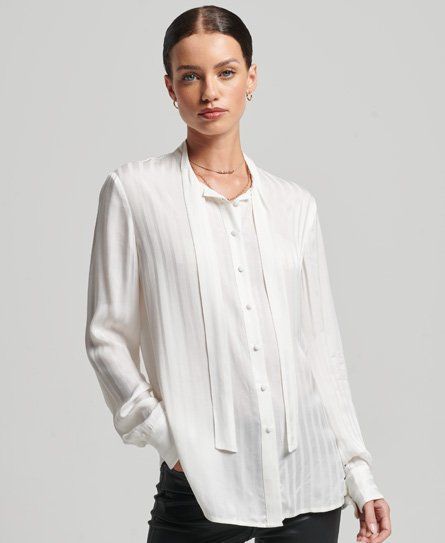 Women's Women's Classic Stripe Studios Long Sleeve Tie Neck Shirt, White, Size: 10