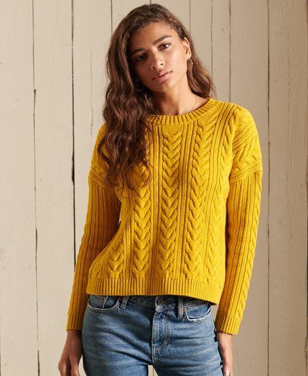 Women's Dropped Shoulder Cable Knit Crew Neck Jumper Blue / Boston Yellow - Size: 12