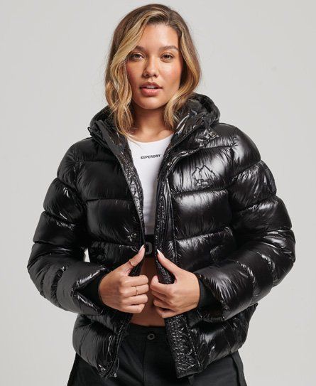 Women's Hooded Shine Sports Puffer Jacket Black - Size: 16