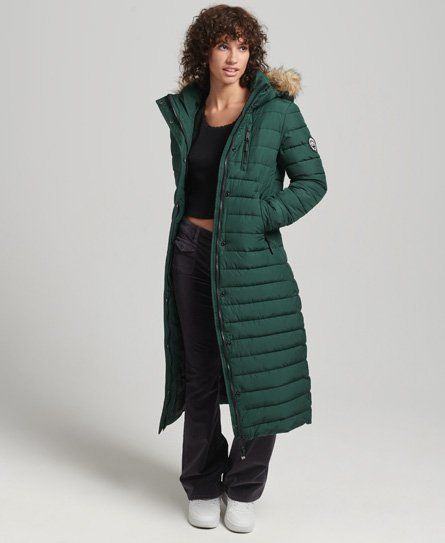 Women's Faux Fur Hooded Longline Light Padded Puffer Coat Green / Enamel Green - Size: 8