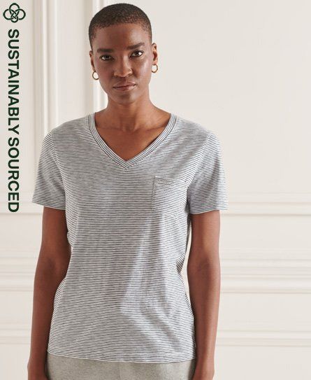 Women's Organic Cotton Pocket V-Neck T-Shirt White / Optic/Black Stripe - Size: 14