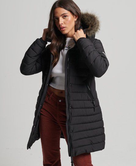 Women's Faux Fur Hooded Mid Length Puffer Jacket Black - Size: 12