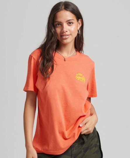 Women's Script Style Neon T-Shirt Cream / Fiery Coral Slub - Size: 16