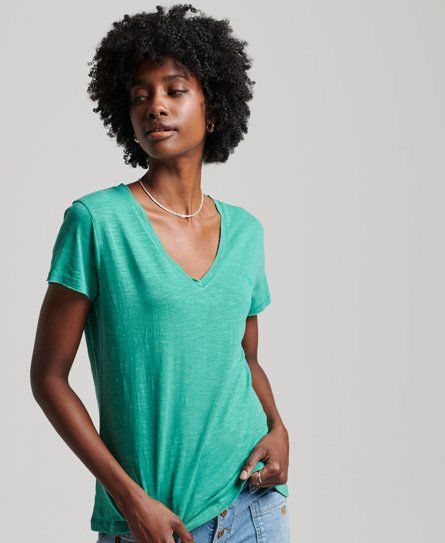 Women's Slub Embroidered V-Neck T-Shirt Green / Summer Green - Size: 12