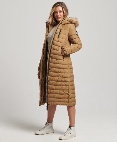 Women's Faux Fur Hooded Longline Light Padded Puffer Coat Brown / Sandstone - Size: 10