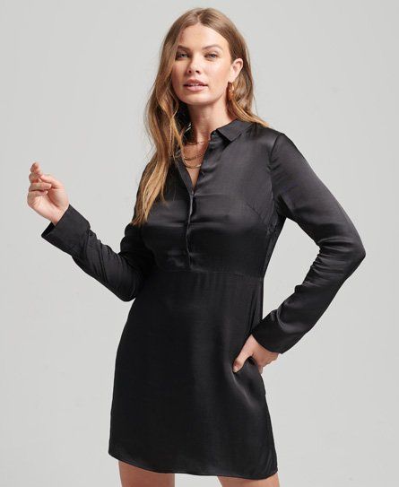 Women's Sleeved Satin Mini Shirt Dress Black - Size: 8