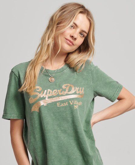 Women's Embellished Graphic Logo T-Shirt Green / Dark Grey Green - Size: 8